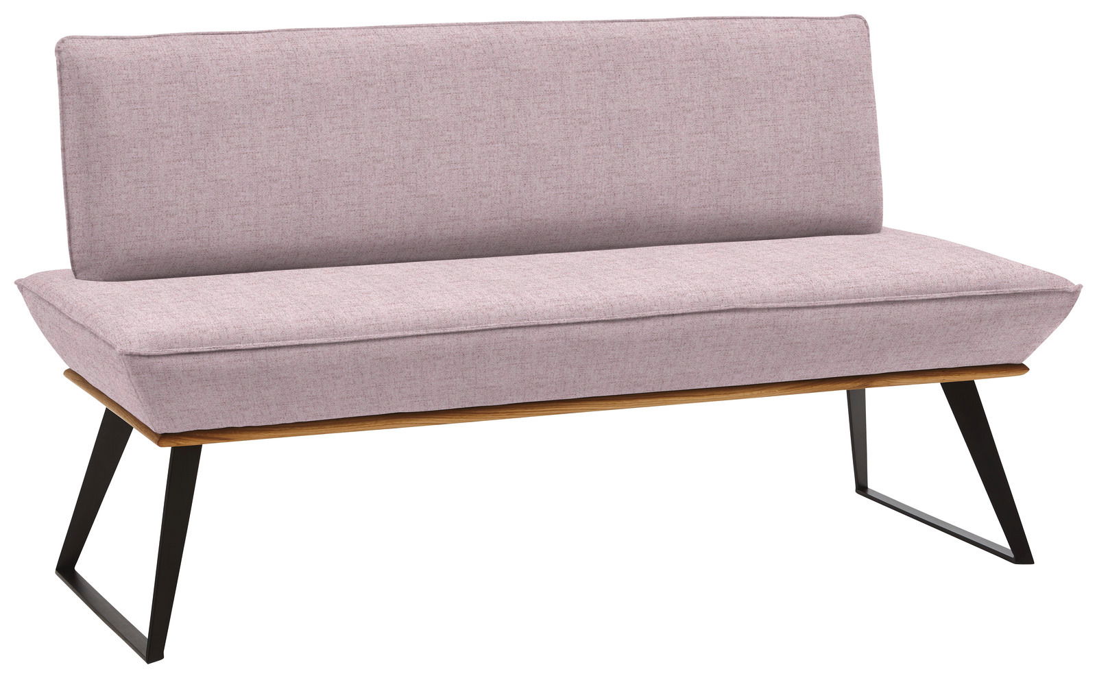Voleo Bank 160 cm MALIBU Moderne Bank mit rosa Polsterung und schwarzen Metallbeinen, seitliche Perspektive