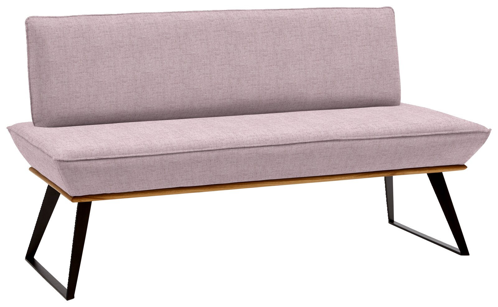 Voleo Bank 160 cm MALIBU Moderne bank met roze bekleding en zwarte metalen poten, zijaanzicht
