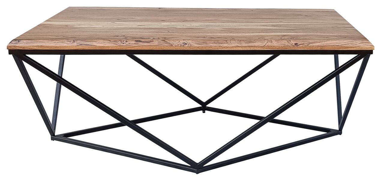 Moderner Couchtisch mit Holzplatte und geometrischem Metallgestell, Frontalansicht