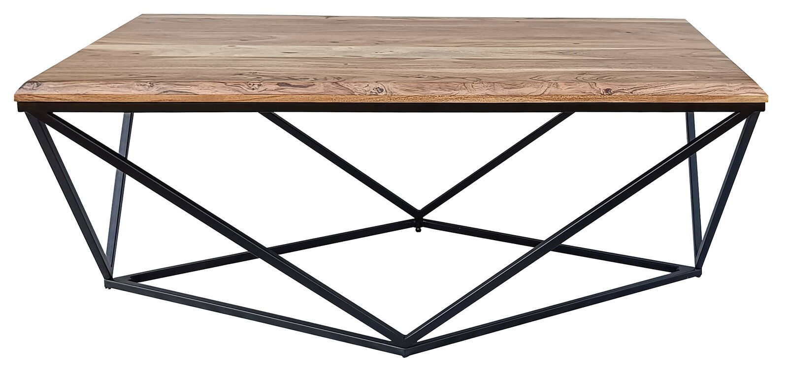Moderner Couchtisch mit Holzplatte und geometrischem Metallgestell, Frontalansicht