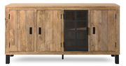 Frontansicht eines Sideboards aus Holz mit vier Türen, davon eine mit Glaseinsatz und schwarzem Rahmen.