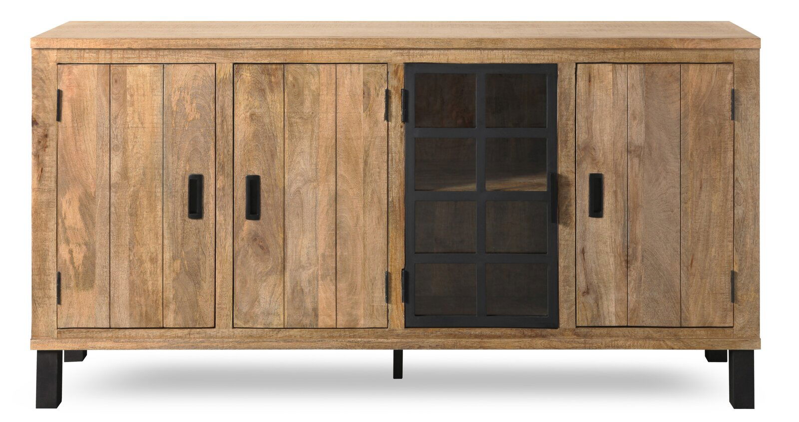 Frontansicht eines Sideboards aus Holz mit vier Türen, davon eine mit Glaseinsatz und schwarzem Rahmen.
