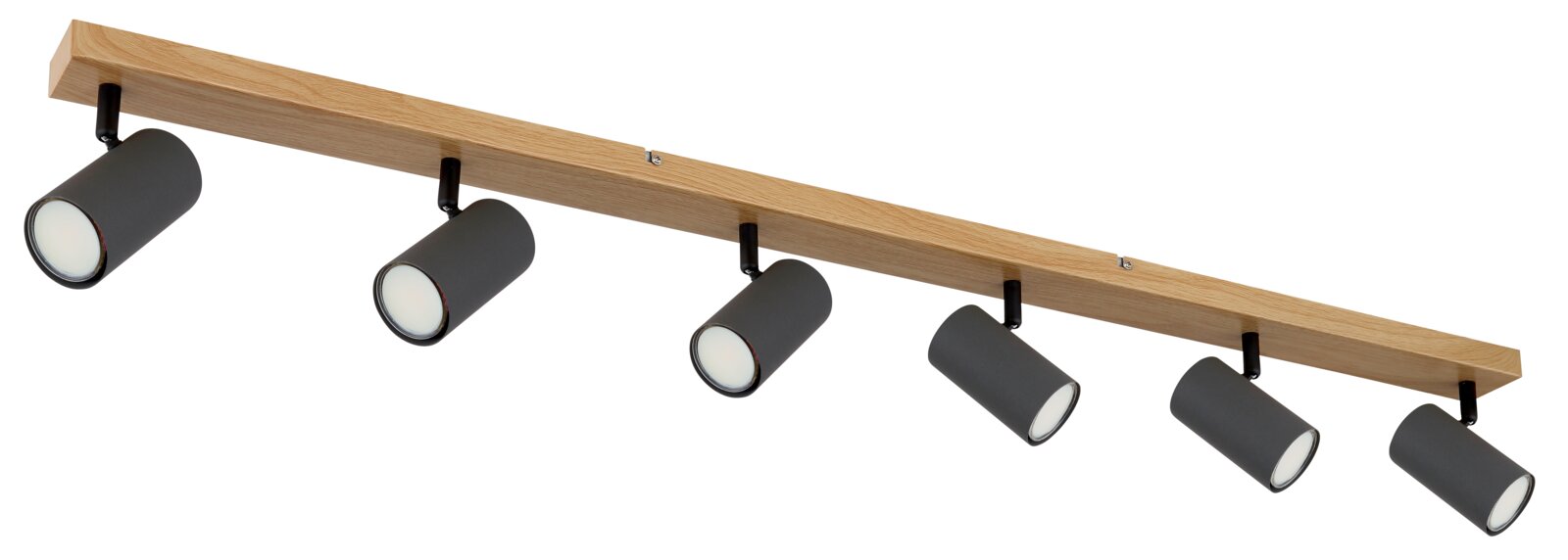 Zesvlamige spot met houten rand en grijze cilindervormige lampenkappen, zijaanzicht