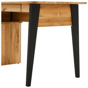 Moderner Schreibtisch aus Holz mit schwarzen Metallbeinen, seitliche Perspektive