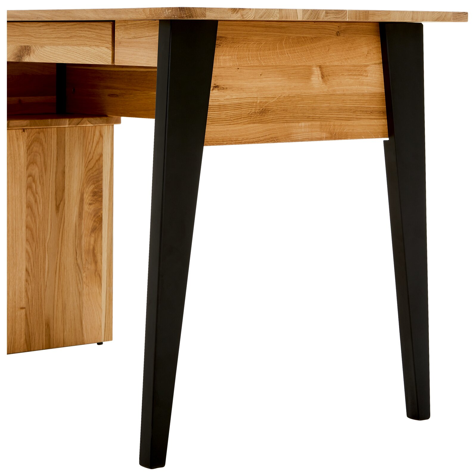 Moderner Schreibtisch aus Holz mit schwarzen Metallbeinen, seitliche Perspektive