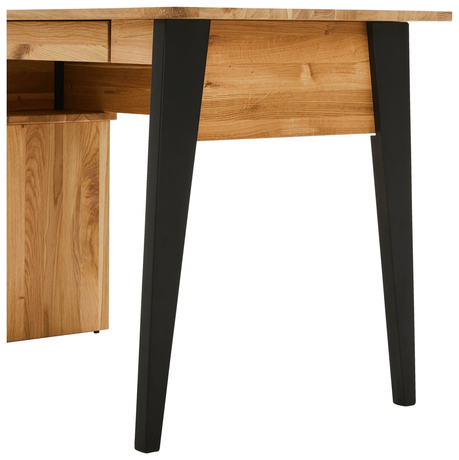 Moderner Schreibtisch aus Holz mit schwarzen Metallbeinen, seitliche Perspektive