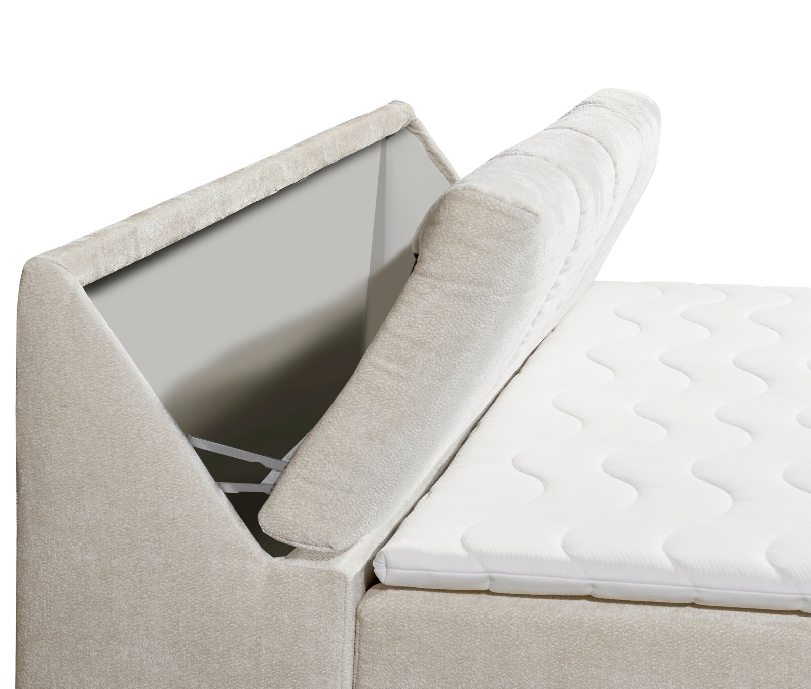 Nahaufnahme eines Boxspringbetts mit geöffnetem Stauraum im Kopfteil, seitliche Perspektive