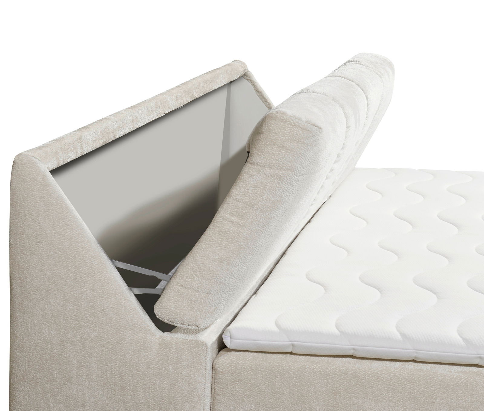 Nahaufnahme eines Boxspringbetts mit geöffnetem Stauraum im Kopfteil, seitliche Perspektive