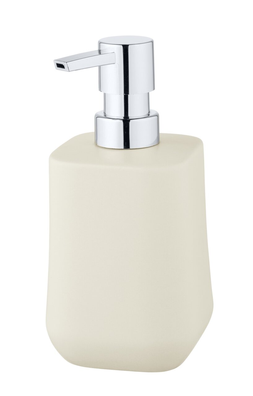 Keramik Seifenspender Adine in Cremefarbe mit glänzendem Chrom-Pumpkopf, seitliche Perspektive