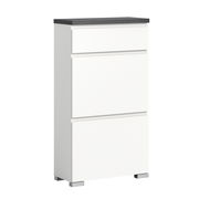 Moderner weißer Schuhschrank mit drei Schubladen und dunkler Oberseite, seitliche Perspektive