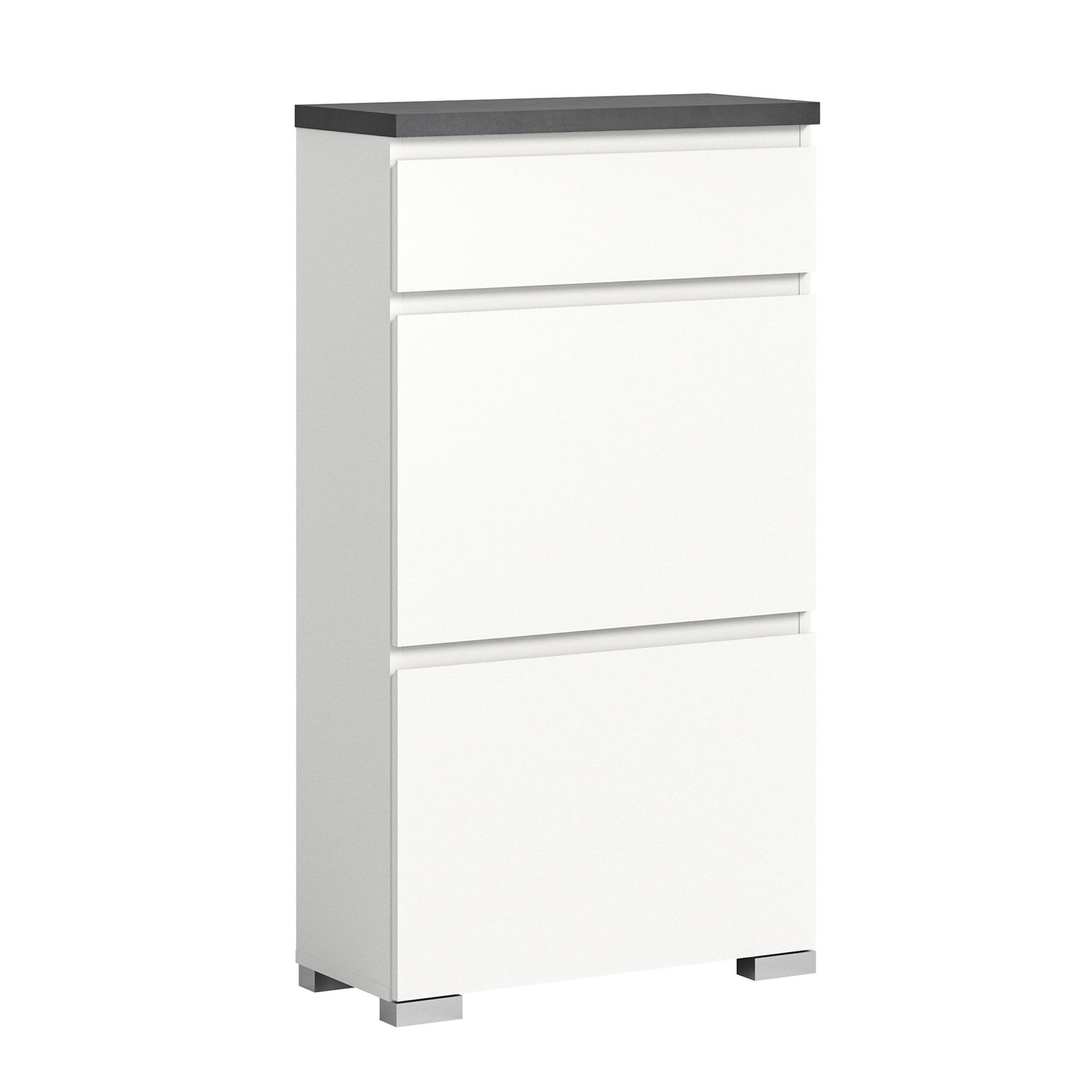 MID.YOU Schuhschrank SHOELOVE Moderner weißer Schuhschrank mit drei Schubladen und dunkler Oberseite, seitliche Perspektive