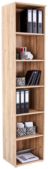 Hohes Regal mit sechs Fächern, gefüllt mit Ordnern und Büromaterialien, aus Holzoptik, seitliche Perspektive