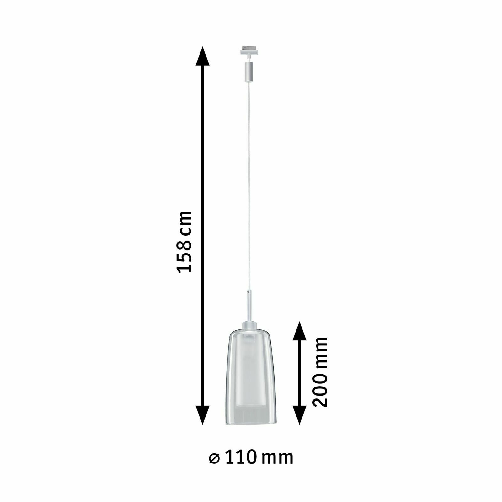 Seitenansicht eines Schienenpendels Arido II mit einer Gesamtlänge von 158 cm und einem Lampenschirmdurchmesser von 110 mm.