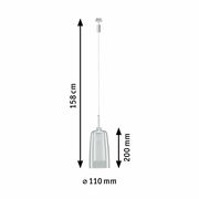 Seitenansicht eines Schienenpendels Arido II mit einer Gesamtlänge von 158 cm und einem Lampenschirmdurchmesser von 110 mm.