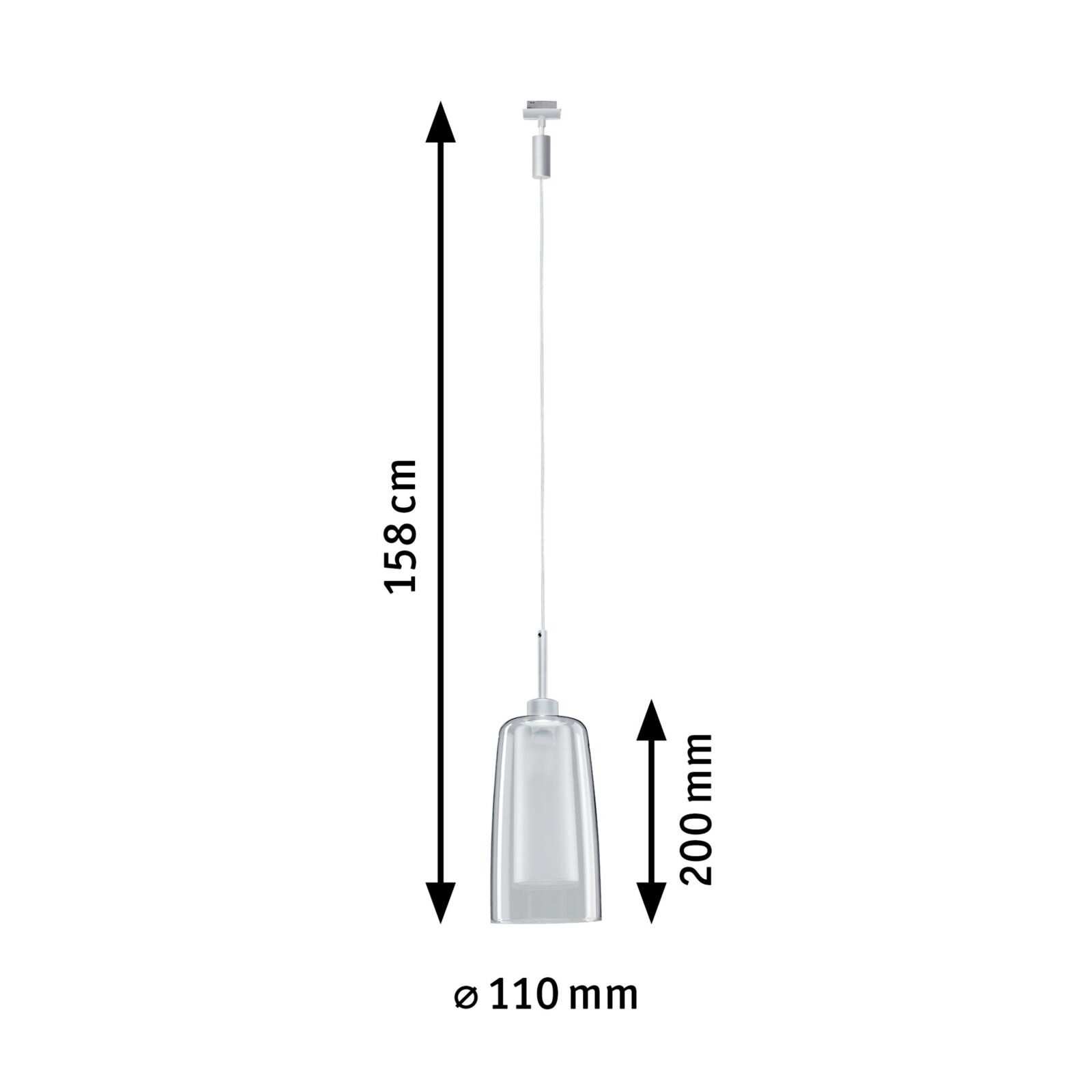 Seitenansicht eines Schienenpendels Arido II mit einer Gesamtlänge von 158 cm und einem Lampenschirmdurchmesser von 110 mm.