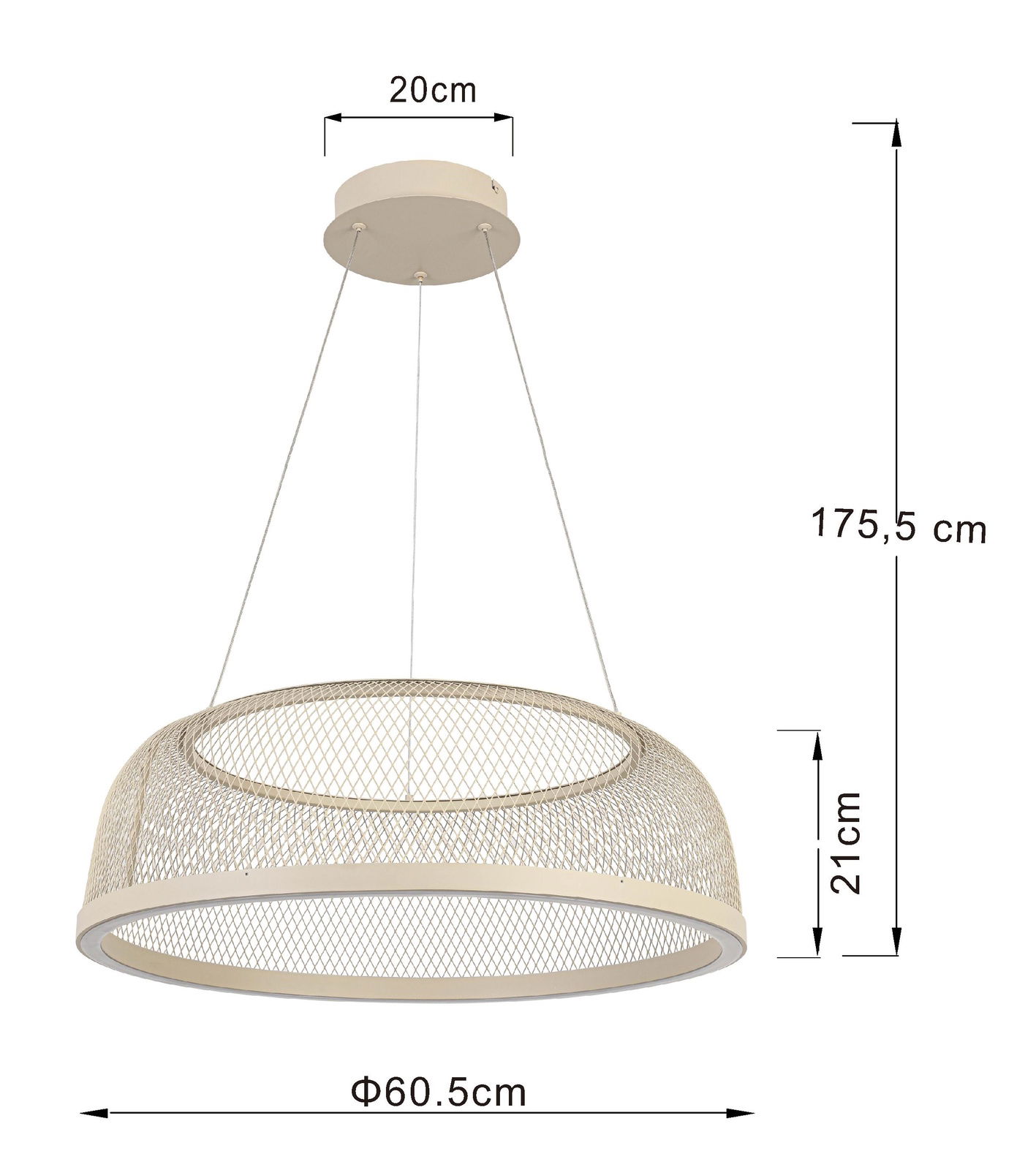LED-Hängeleuchte mit einem Durchmesser von 60,5 cm und einer Höhe von 21 cm, aus Drahtgeflecht, seitliche Perspektive