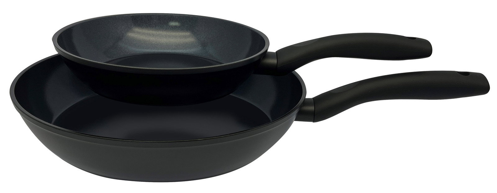 Zweiteiliges Pfannenset in schwarzer Farbe, seitliche Perspektive