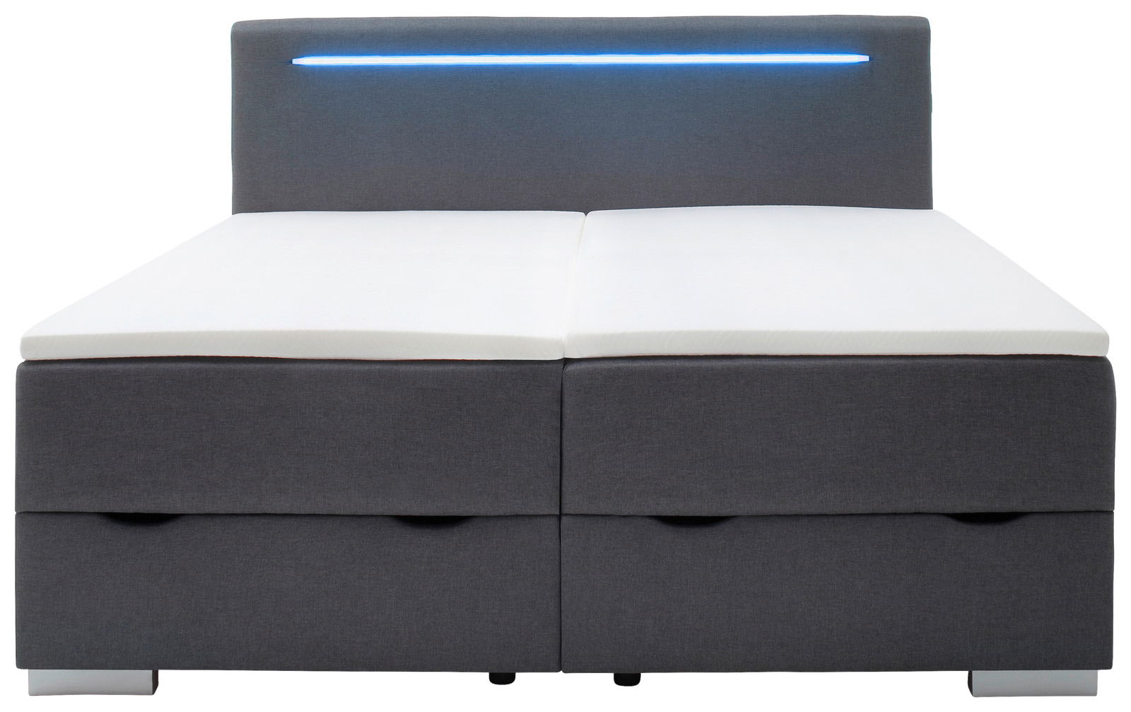 Boxbett mit grauem Stoffbezug und integrierter blauer LED-Leiste im Kopfteil, Frontalansicht