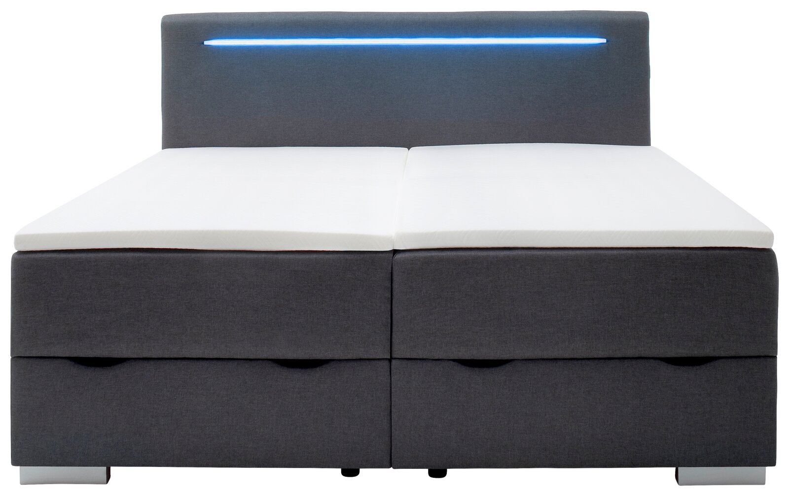 Boxbett mit grauem Stoffbezug und integrierter blauer LED-Leiste im Kopfteil, Frontalansicht
