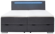 Boxbett mit grauem Stoffbezug und integrierter blauer LED-Leiste im Kopfteil, Frontalansicht