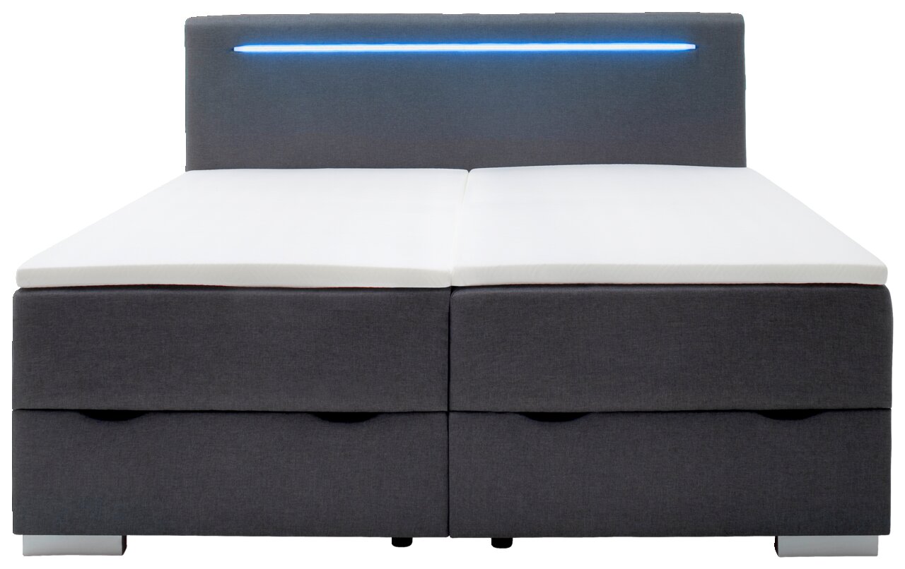 Boxbed met grijze stoffen bekleding en geïntegreerde blauwe ledstrip in het hoofdeinde, vooraanzicht