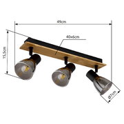 Dreifacher Deckenstrahler mit Holz- und Metallelementen, seitliche Perspektive