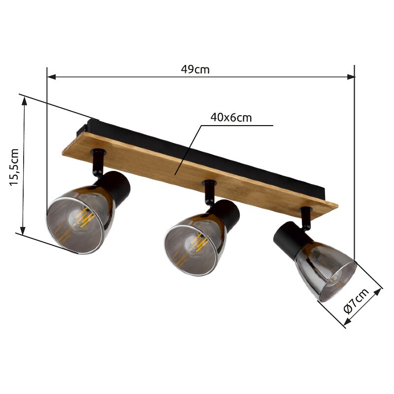 Dreifacher Deckenstrahler mit Holz- und Metallelementen, seitliche Perspektive