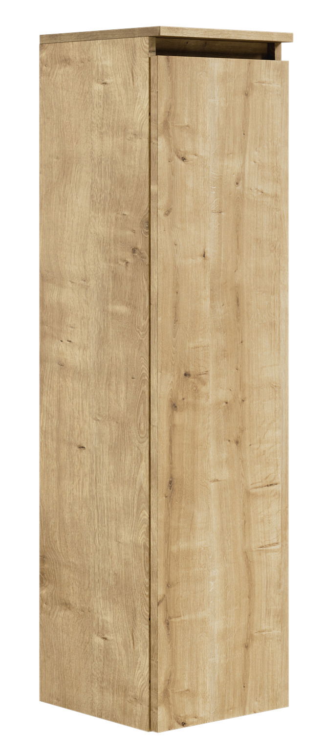 Hochschrank aus Holz in Eichenoptik, seitliche Perspektive