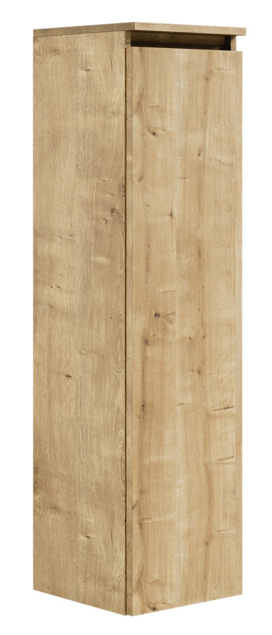 Hochschrank aus Holz in Eichenoptik, seitliche Perspektive