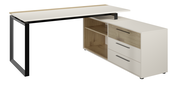 Moderner Eckschreibtisch mit Container, seitliche Perspektive, weiße und holzfarbene Oberflächen, schwarzes Metallgestell, zwei Schubladen und offenes Regal.