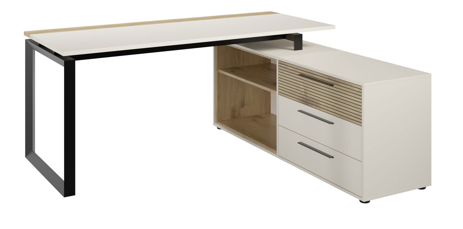 Moderner Eckschreibtisch mit Container, seitliche Perspektive, weiße und holzfarbene Oberflächen, schwarzes Metallgestell, zwei Schubladen und offenes Regal.