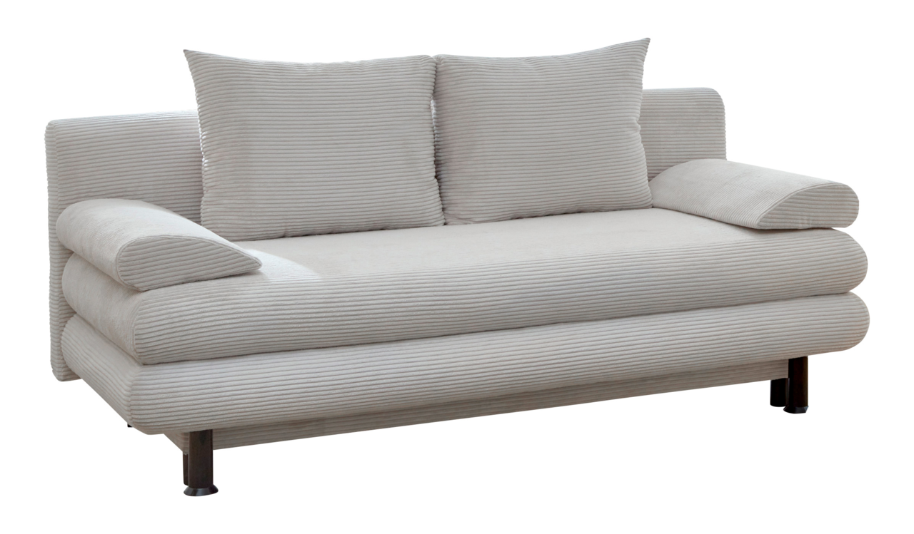 Beiges Funktionssofa Bern mit zwei großen Kissen, seitlicher Blick