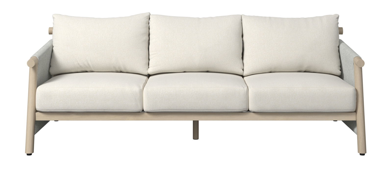 Frontansicht eines dreisitzigen Lounge-Sofas mit hellen Kissen und Holzrahmen.