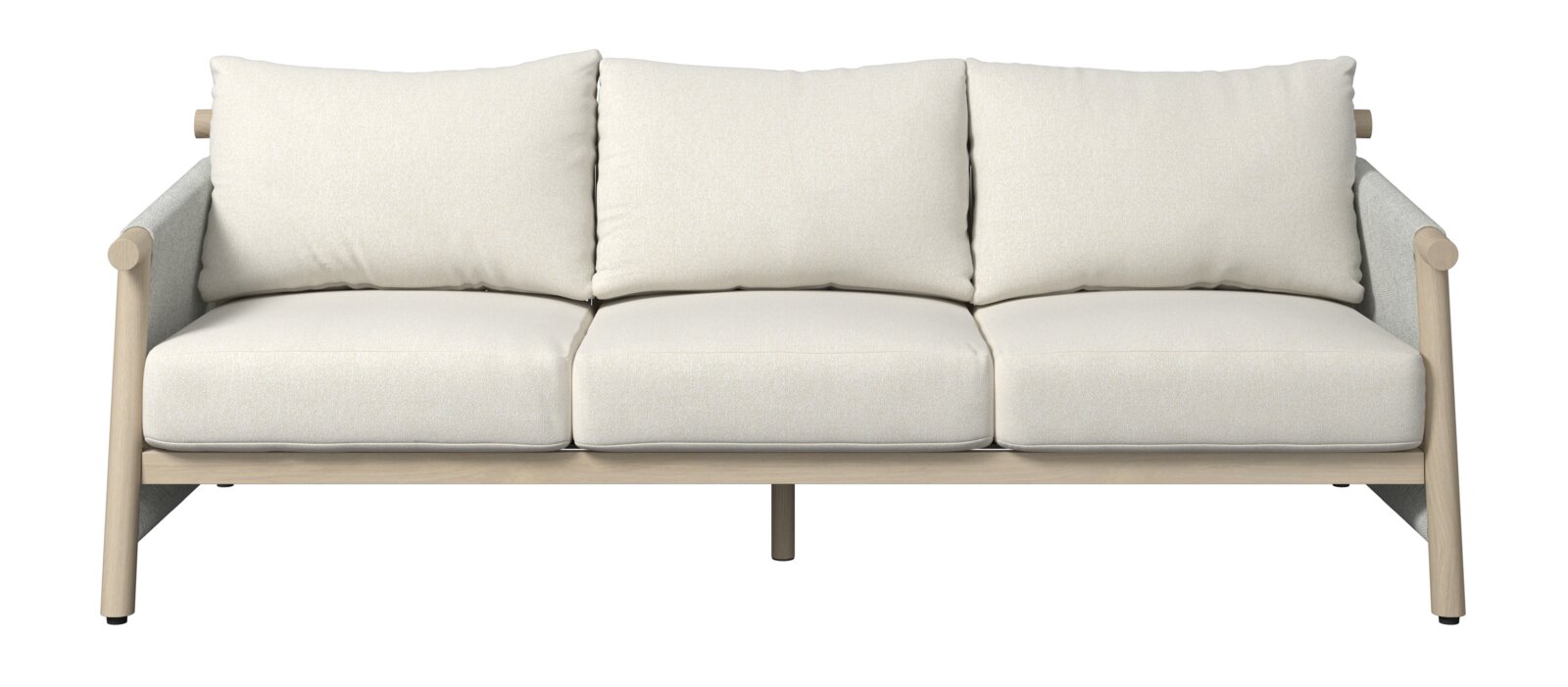 Frontansicht eines dreisitzigen Lounge-Sofas mit hellen Kissen und Holzrahmen.