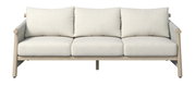 Frontansicht eines dreisitzigen Lounge-Sofas mit hellen Kissen und Holzrahmen.