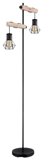 Moderne Stehleuchte mit zwei hängenden Lampenschirmen aus Holz und Metall, seitliche Perspektive