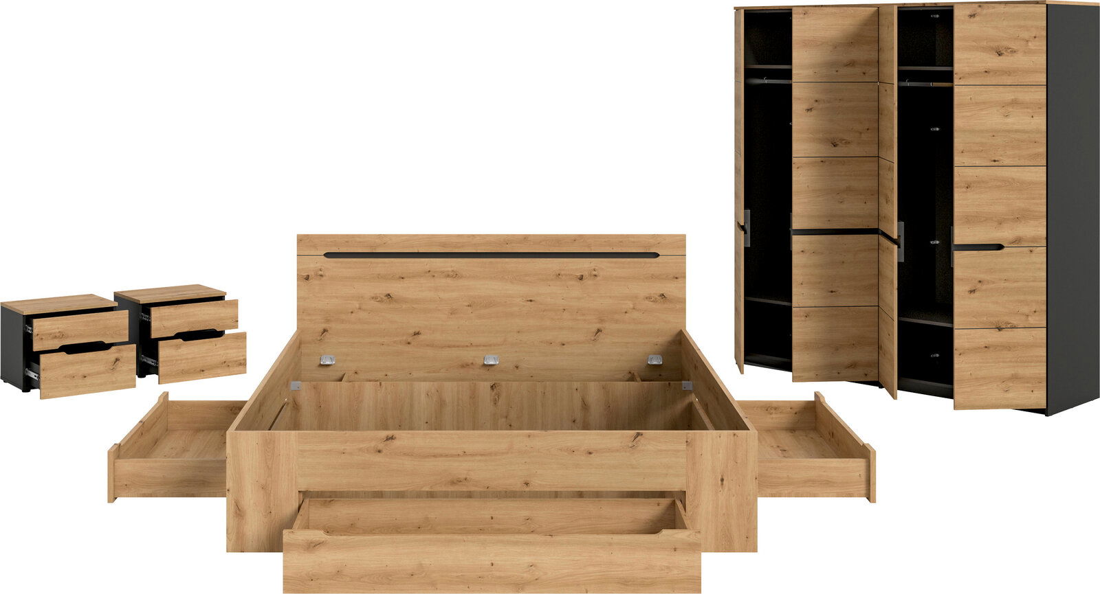 Schlafzimmermöbel-Set in Eiche-Optik mit Bettgestell inklusive Bettkasten und ausziehbaren Schubladen, zwei Nachttischen mit Schubladen und großem Kleiderschrank mit geöffneten Türen; Perspektive: frontale Ansicht