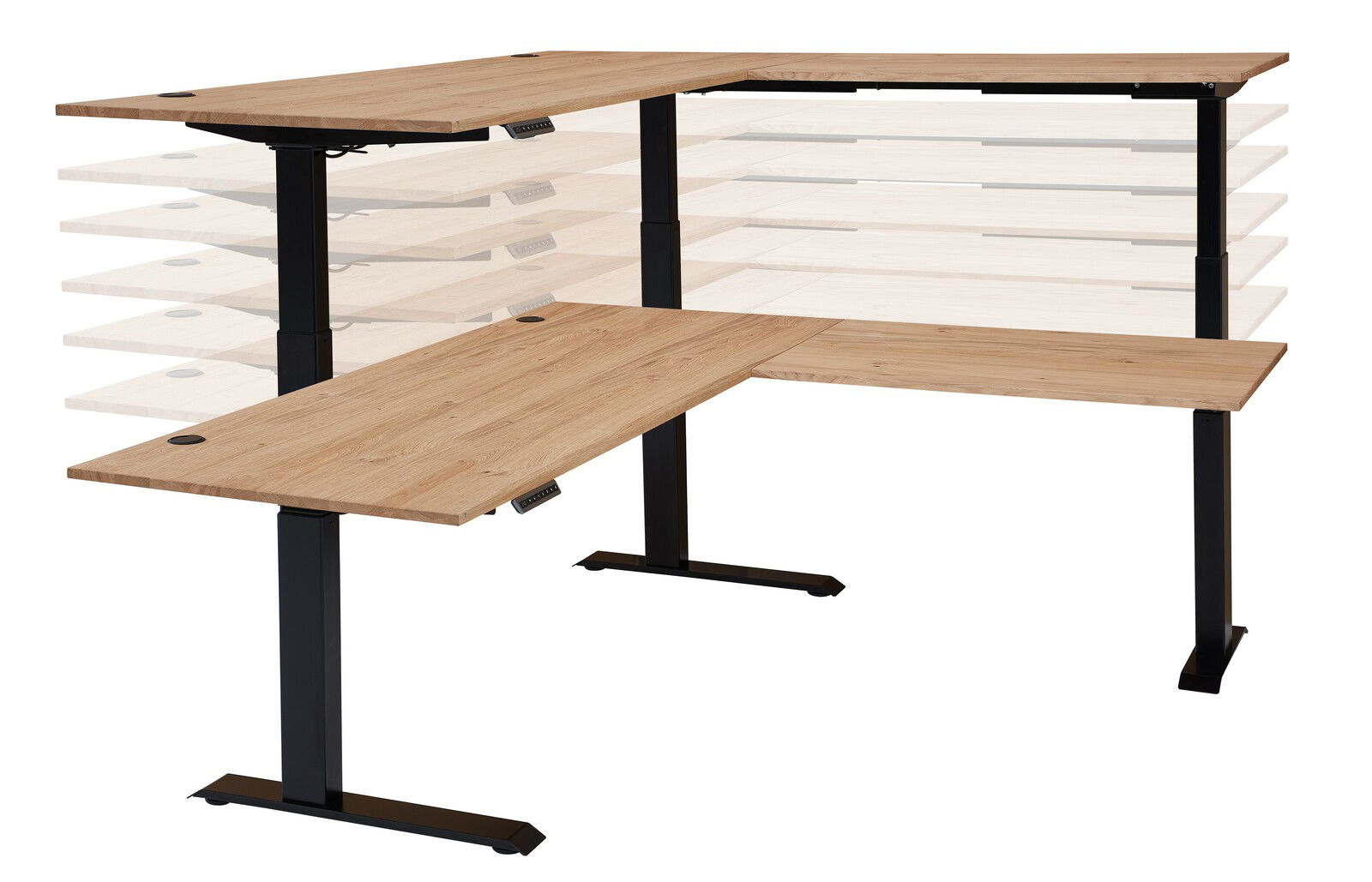 Höhenverstellbarer E-Eckschreibtisch aus Melamin in Holzoptik, seitliche Perspektive
