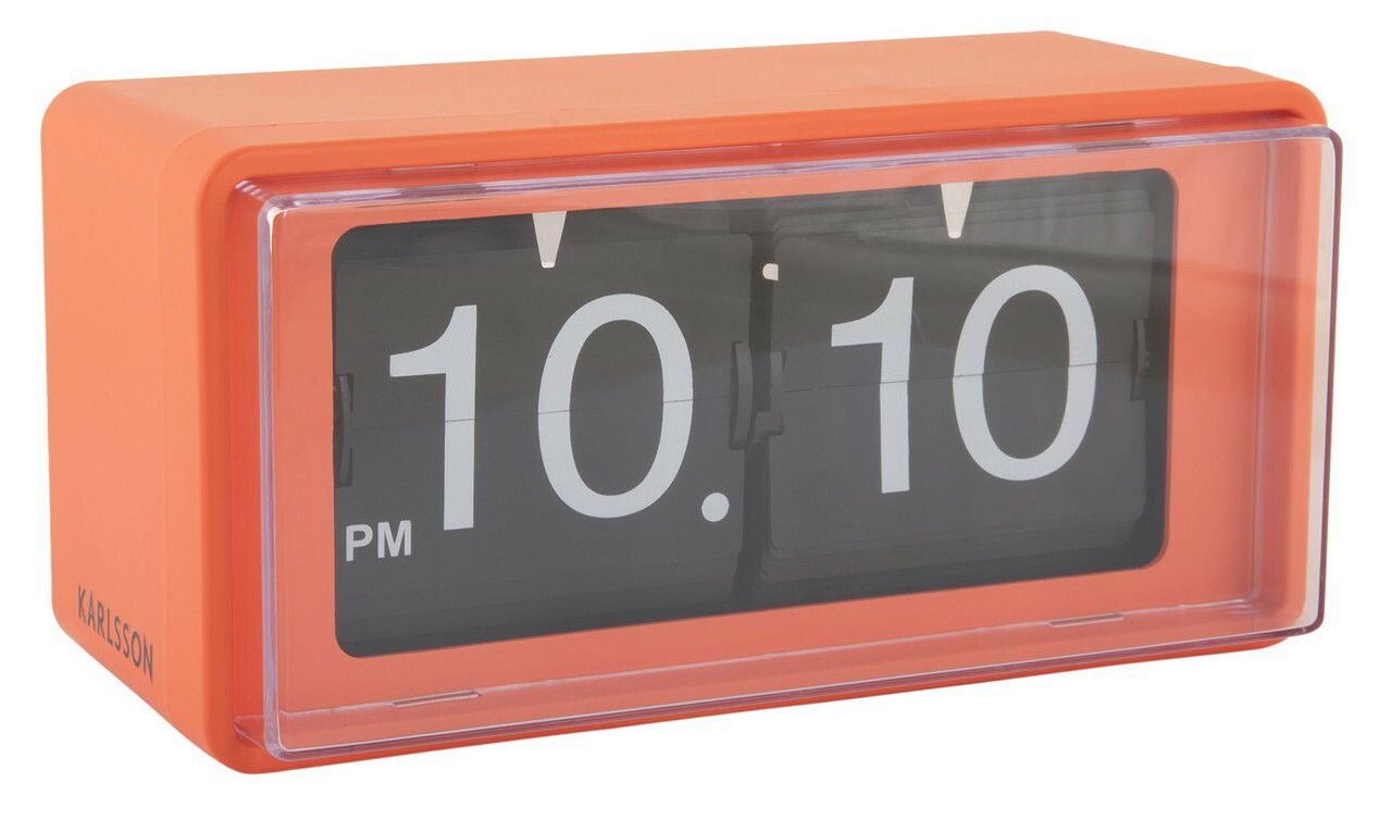 Orangefarbene Flip-Uhr mit sichtbarer Vorderansicht, die 10:10 Uhr anzeigt.
