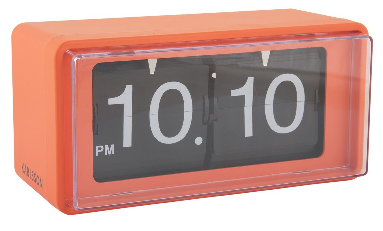 Oranje klaphorloge met zichtbaar voorpaneel, waarop 10:10 uur wordt weergegeven.