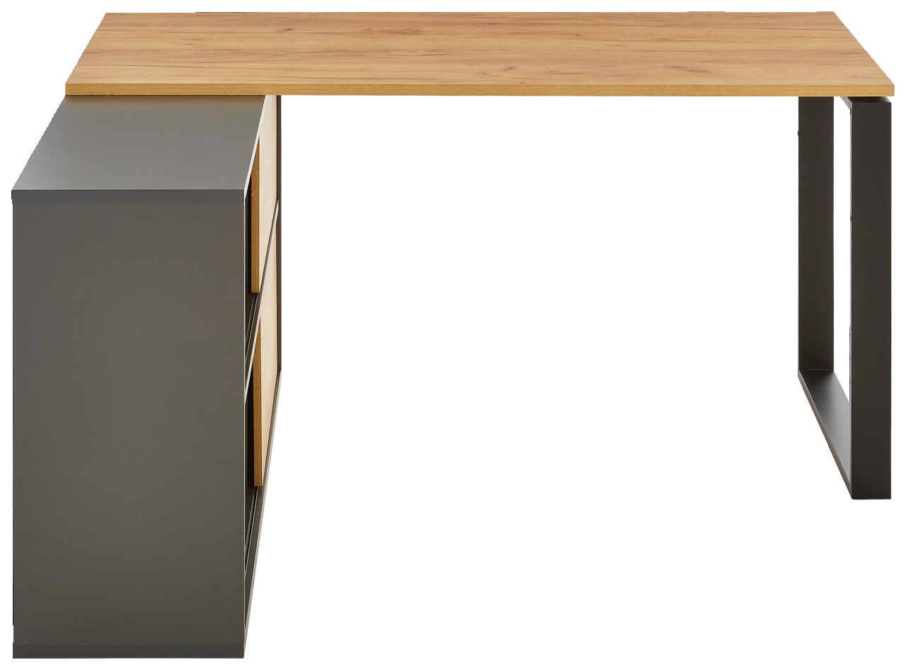 Moderner Winkelschreibtisch RENTON mit Holzoberfläche und Metallgestell, seitliche Perspektive.