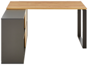 Moderner Winkelschreibtisch RENTON mit Holzoberfläche und Metallgestell, seitliche Perspektive.