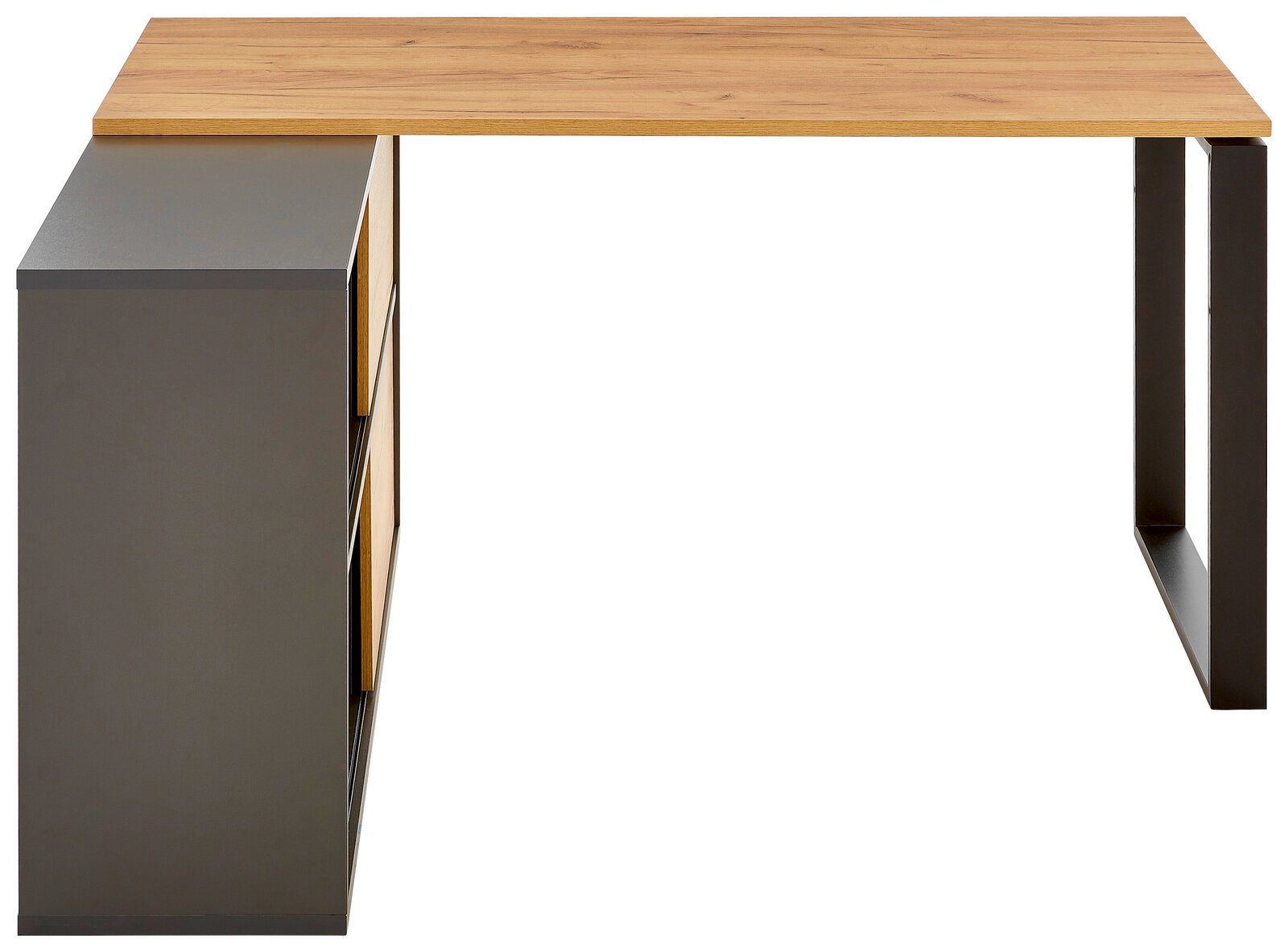 Moderner Winkelschreibtisch RENTON mit Holzoberfläche und Metallgestell, seitliche Perspektive.