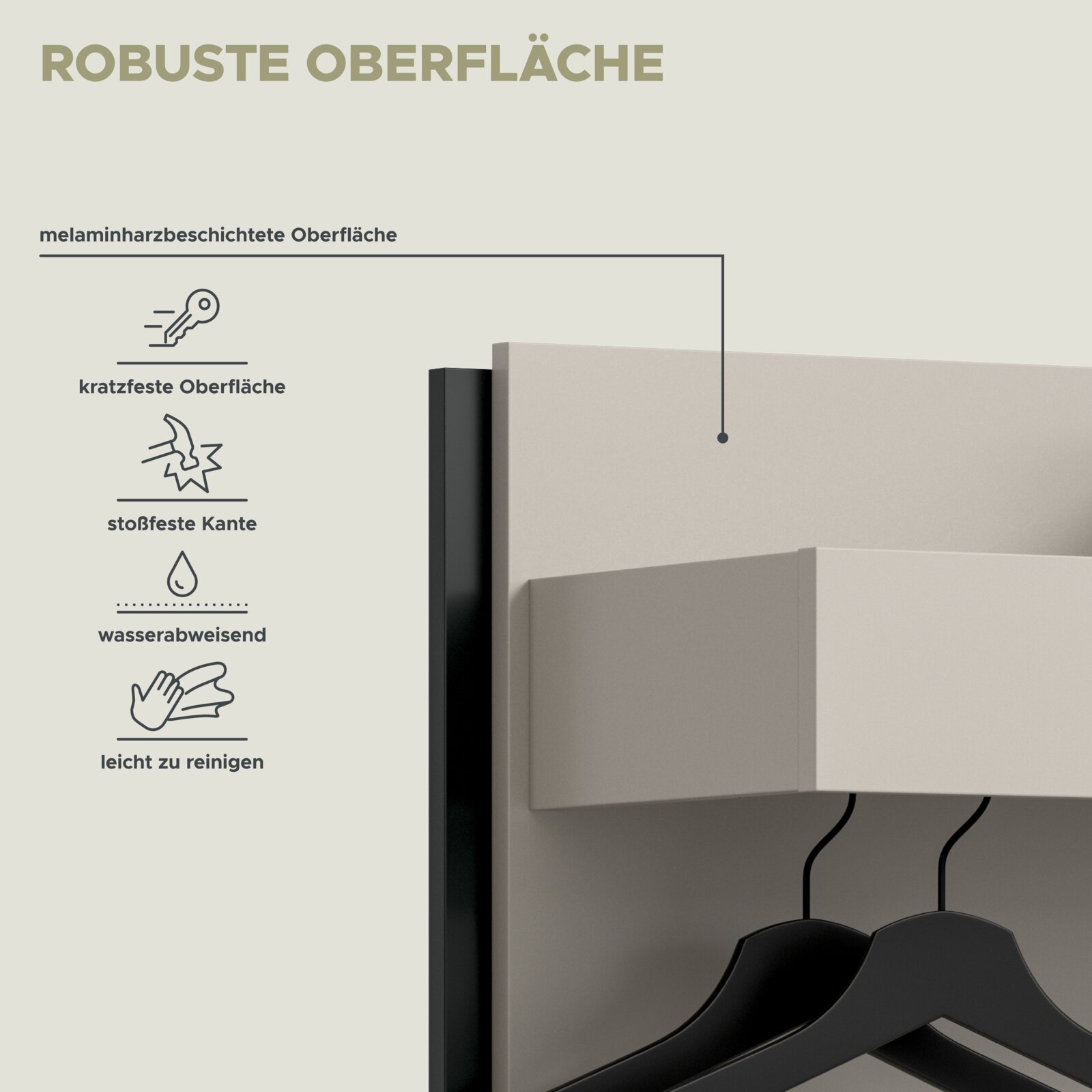 Infografik zur robusten, melaminharzbeschichteten Oberfläche eines hellen Möbelpaneels mit Icons für kratzfest, stoßfeste Kante, wasserabweisend und leicht zu reinigen; Detailansicht aus schräger Frontperspektive.