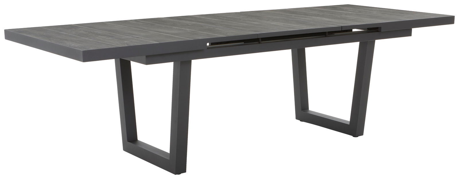 Moderner rechteckiger Gartentisch aus dunklem Holz und Metall, seitliche Perspektive