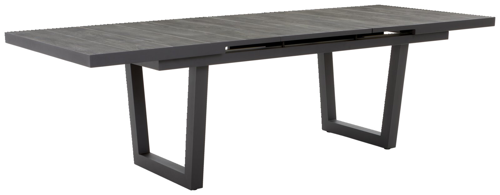 Moderner rechteckiger Gartentisch aus dunklem Holz und Metall, seitliche Perspektive