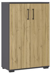 Moderner Aktenschrank mit Holzoptik und schwarzen Griffen, Frontalansicht