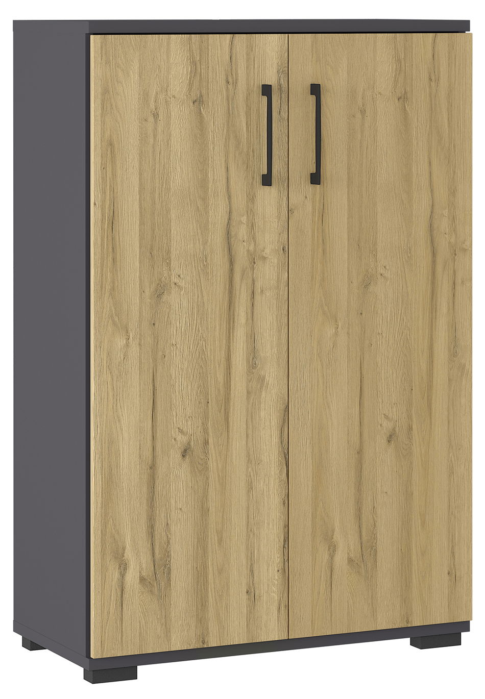 Moderner Aktenschrank mit Holzoptik und schwarzen Griffen, Frontalansicht