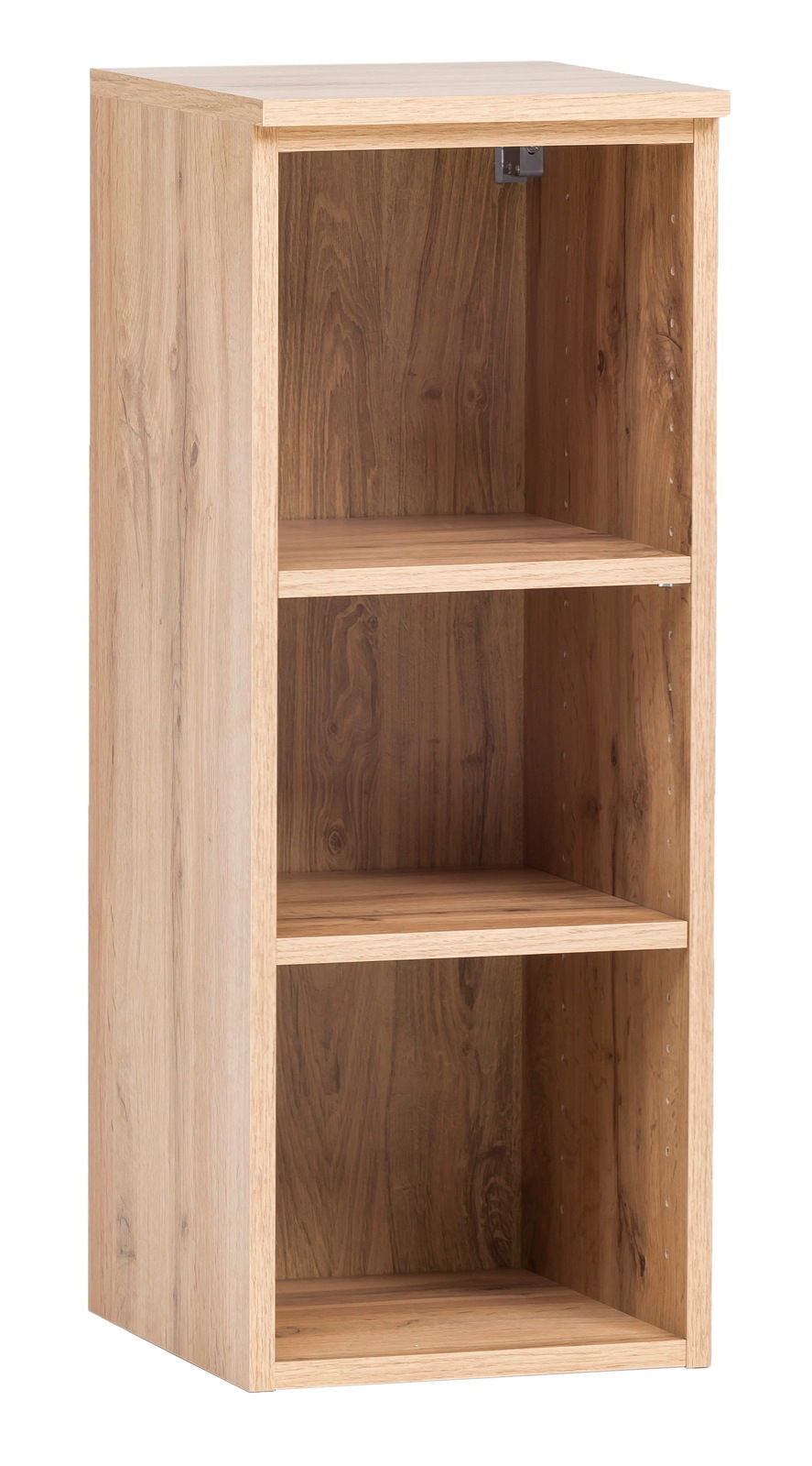 Holz-Unterschrank-Regal mit drei offenen Fächern, seitliche Perspektive