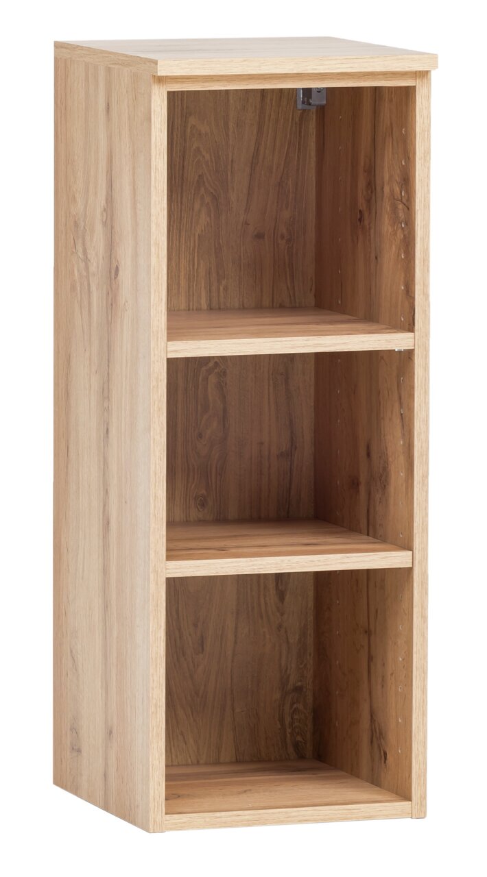 Holz-Unterschrank-Regal mit drei offenen Fächern, seitliche Perspektive